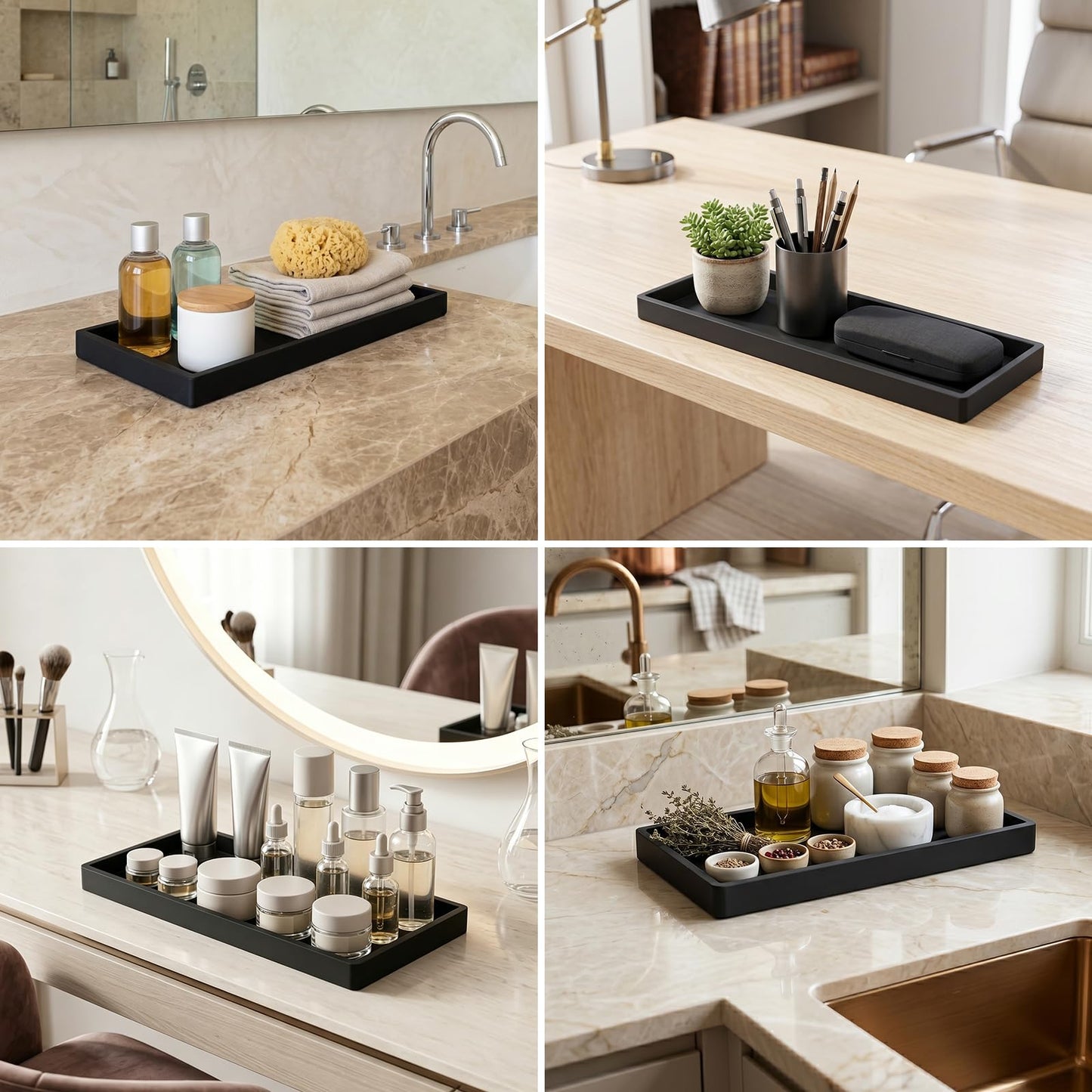 Black Bathroom Tray Organizer, 11.81" X 4.9" Silicone Rectangular Vanity Tray for Sink, Soap Dish & Countertop Storage for Candles, Keys