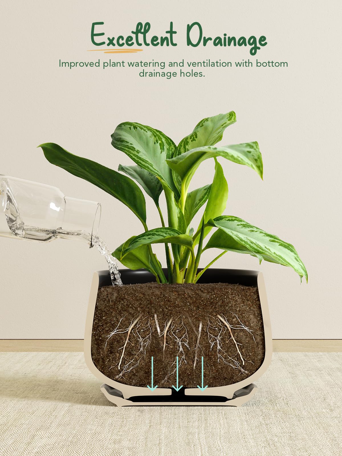 LE TAUCI Plant Pots, 10+13+16 cm Planters, Set of 3 Ceramic Planters with Drainage Hole and Saucer, Indoor Plant Pot with Hole Mesh Pad, Gifts for