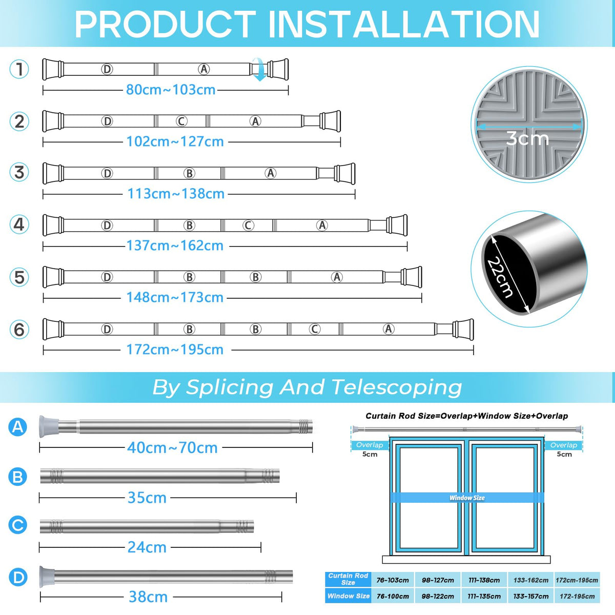 Zipglo Shower Curtain Pole 80-195cm, Extendable Curtain Poles Adjustable Tension Rods for Curtains Telescopic Curtain Poles No Drilling Shower