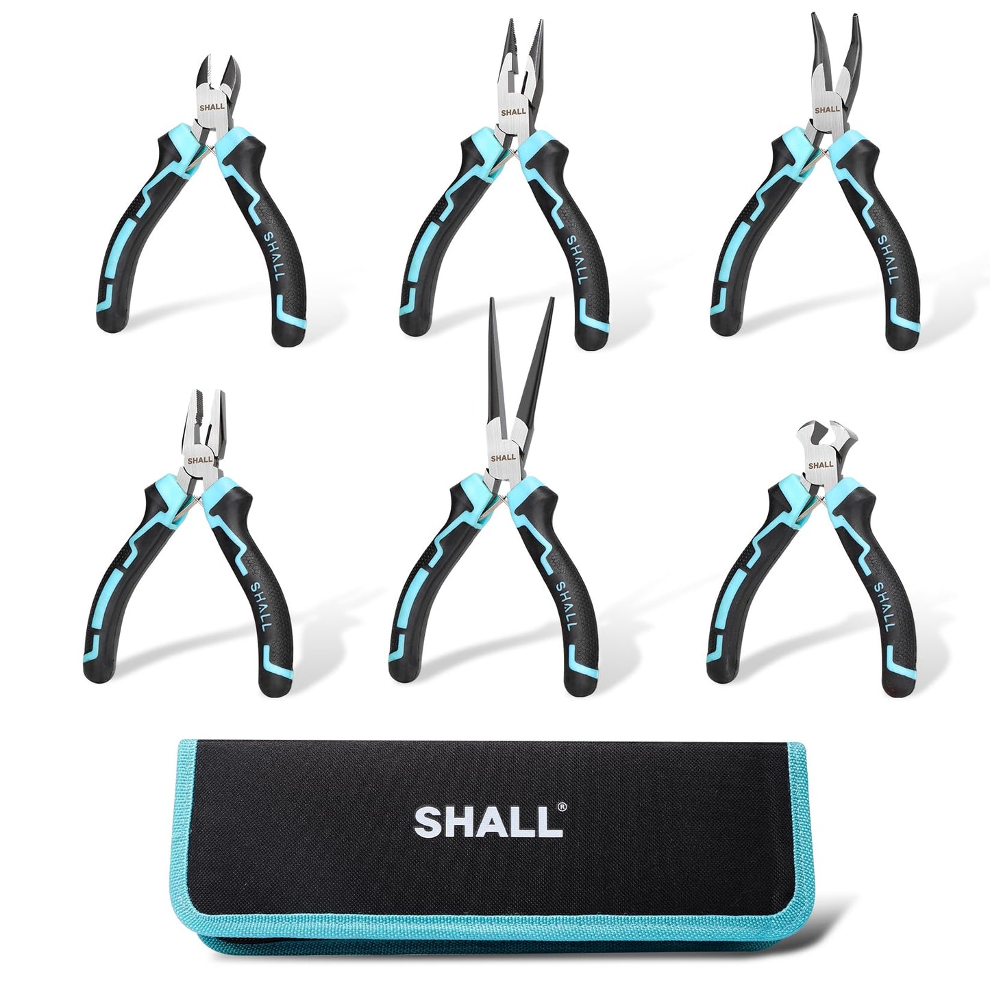 Shall 6-Piece Mini Pliers Set with Pouch,Includes Wire Cutters, Needle-Nose Pliers, Long-Nose Pliers, Curved-Nose Pliers, Diagonal Pliers, and