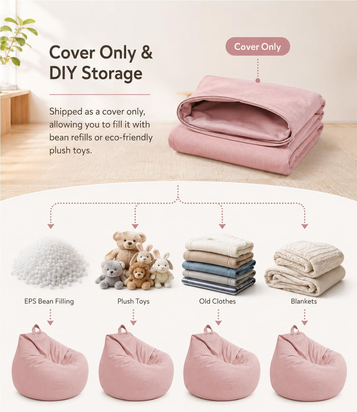 Highdi Bean Bag Without Fillings - Cotton Linen Durable & Comfortable, Pink Storage Bean Bag Chair for Living Room/Gaming Room