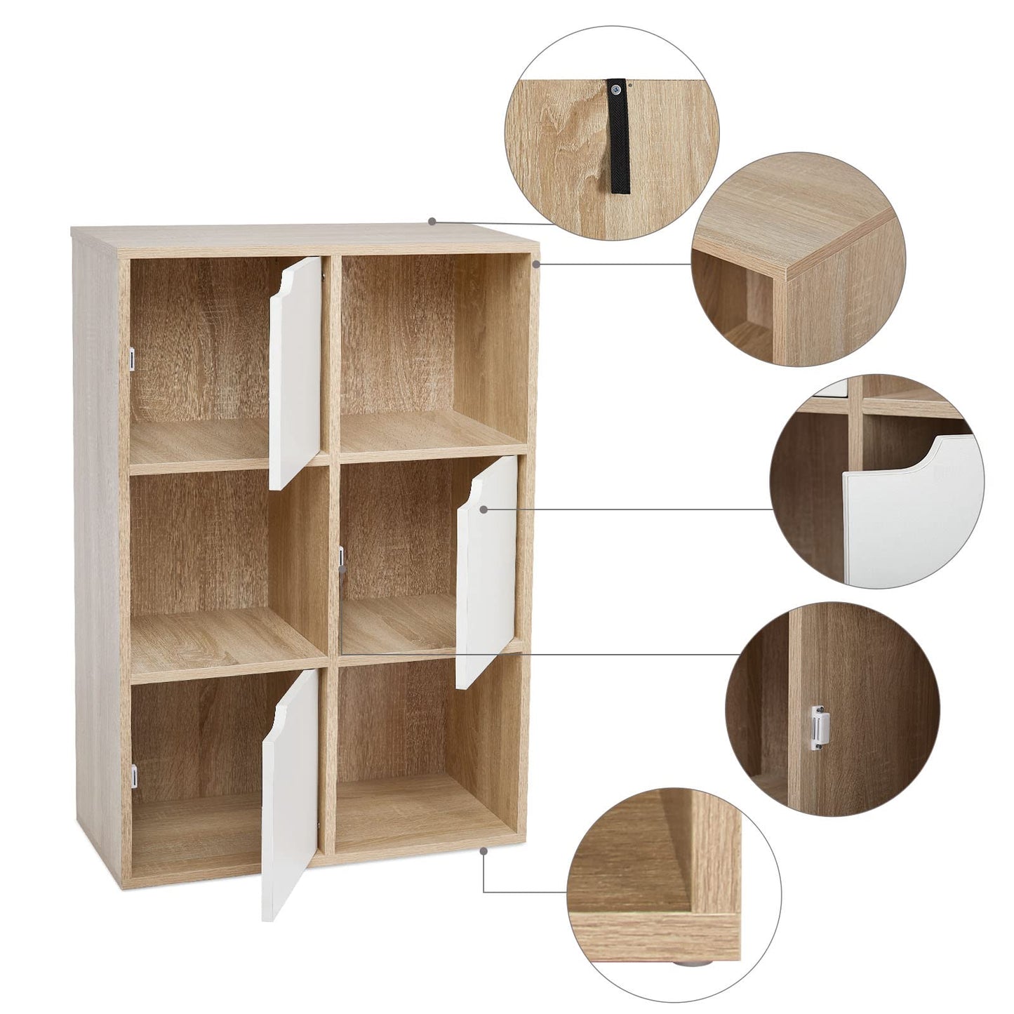 Mondeer 6 Cube Storage Unit, 3-Tier Bookcase with Doors, Wooden Bookshelf Display Organiser Cabinet for Living Room, Bedroom, Home Office