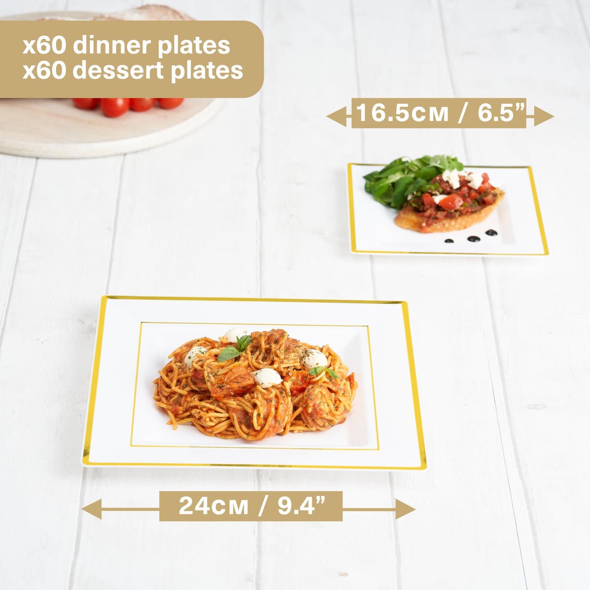 MATANA 120 Premium White Square Plastic Plates with Gold Rim - 60 24cm Dinner Plates, 60 16.5cm Dessert Plates - Elegant & Reusable Party Plates for