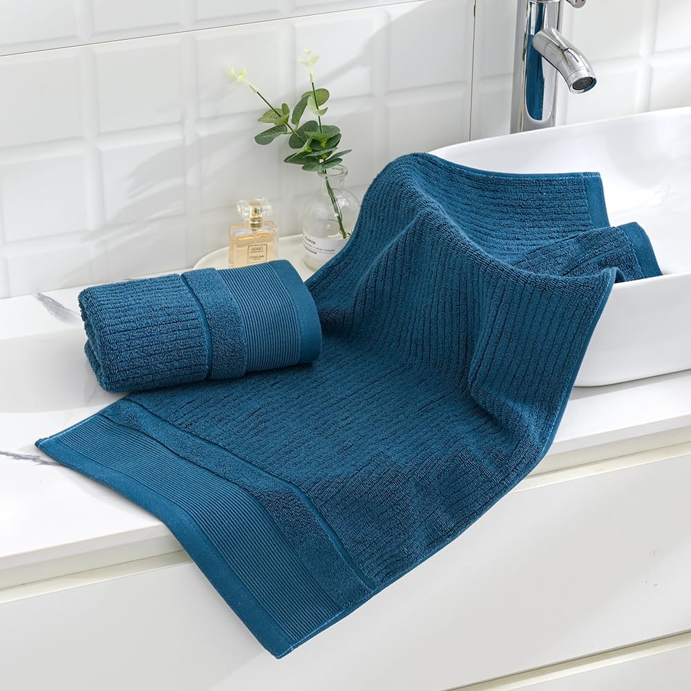 sense gnosis Super Soft Thick Hand Towel Set of 2 Ribbed Striped 100% Cotton Absorbent Decorative hand Towel for Bathroom 13 x 29 Inch, Blue Navy