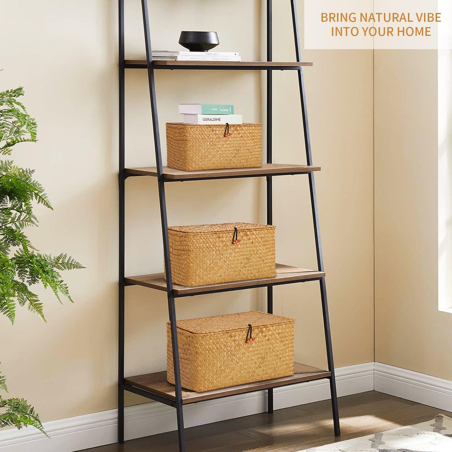 FEILANDUO Wicker Storage Baskets with Lids Seagrass Woven Baskets for Shelves Stackable Storage Boxes for Organizing Rattan Bins