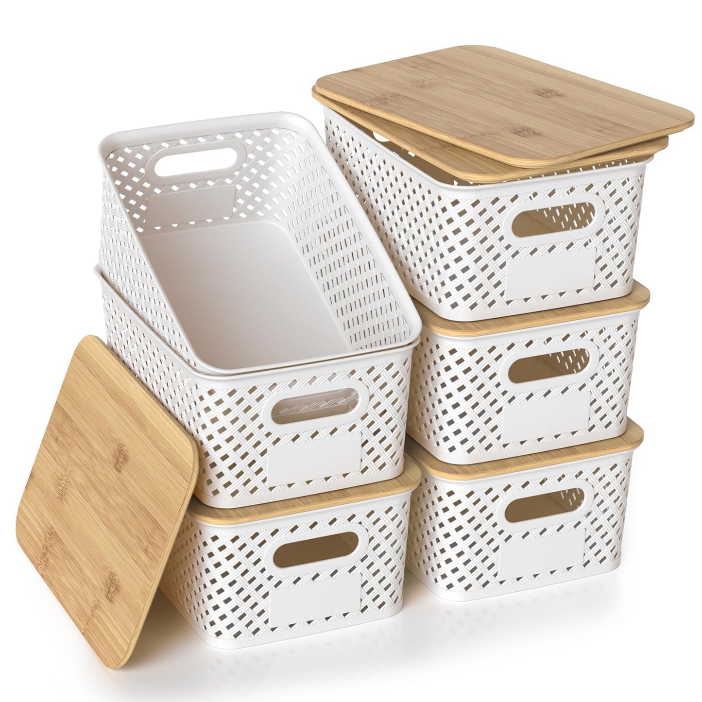 HapiLeap Plastic Storage Baskets With Bamboo Lid, Stackable Plastic Storage Boxes for Organizing Pantry Shelves Drawers Desktop Closet Playroom