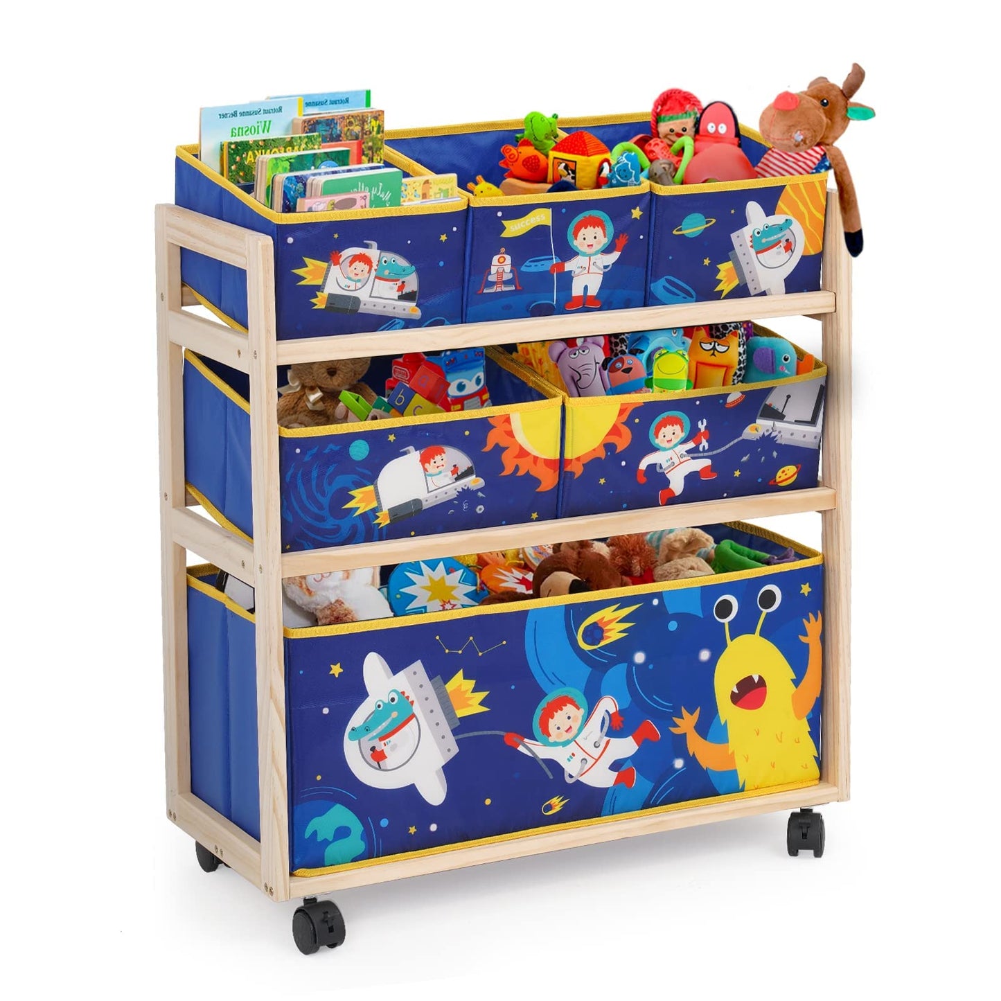 NUKied Kids Toy Storage Organizer 3-Tier Wooden Children Storage Rack with Wheels 6 Detachable Storage Bins Extra Large Capacity Bookshelf Bookcase