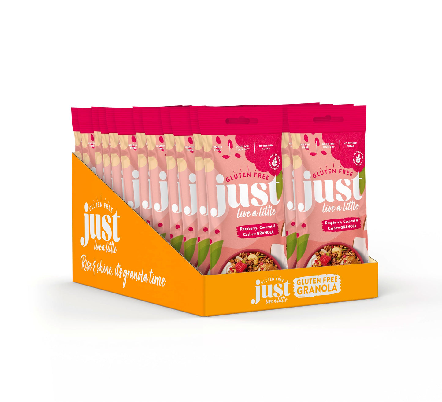 Just Live a Little Gluten Free Granola | 45g x24 packs | Vegan Granola No Added Sugar (Raspberry Coconut Cashew 24 x Portion Pack)