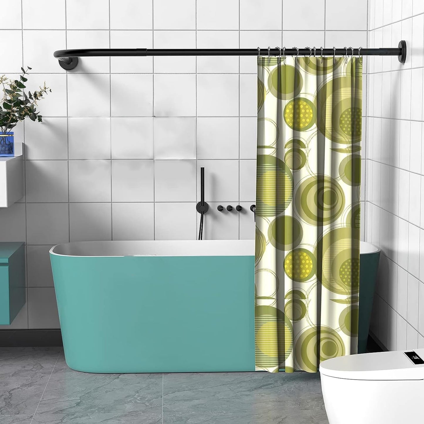Shower Curtain Rod, Stretchable Corner Curtain Rod, Adjustable L Shaped Shower Curtain Rail, Drill Or No Drill Shower Curtain Poles for Bathroom, Bath