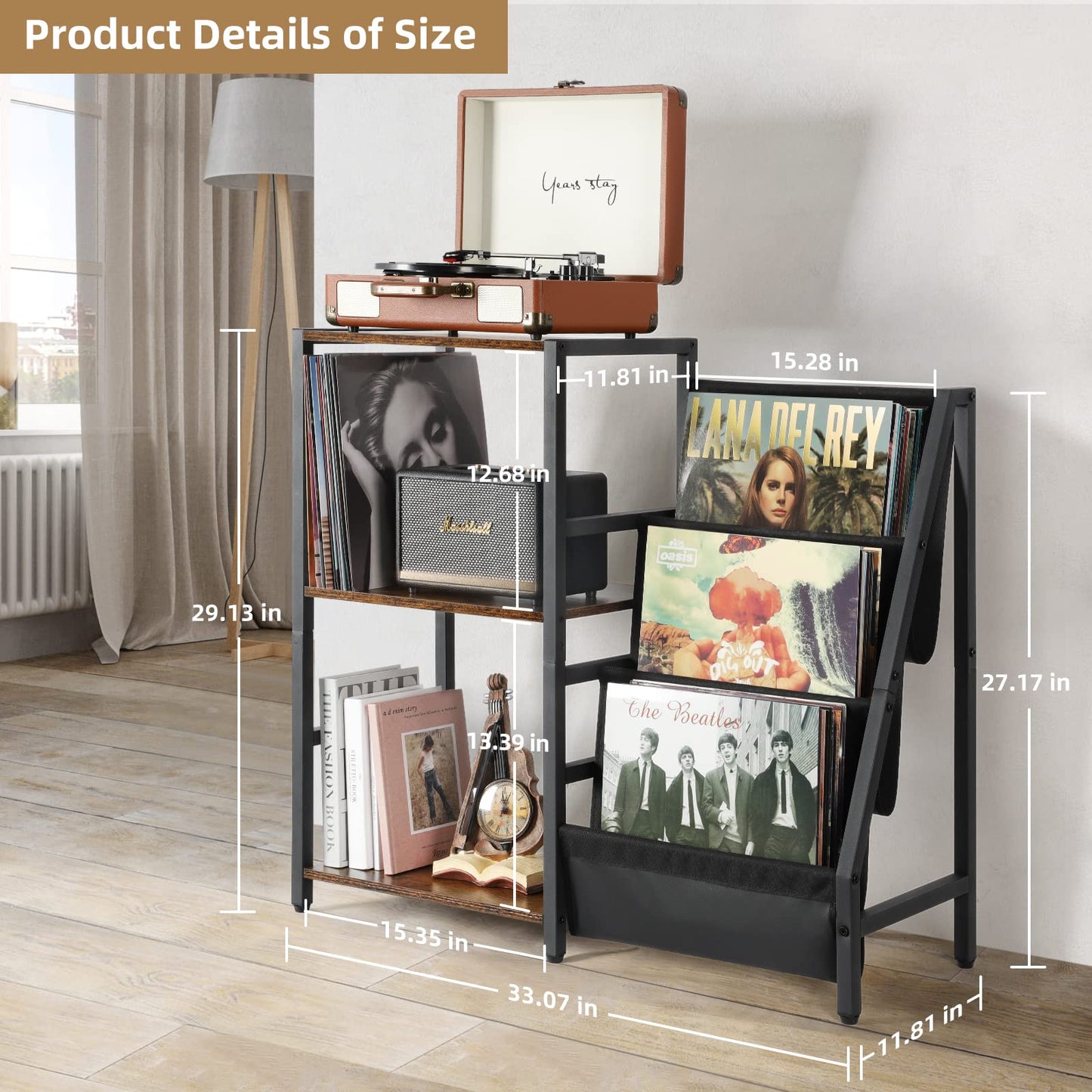 Bikoney Record Player Stand, End Table with 3-Tier Vinyl Record Storage, Record Player Table Up to 200 Albums, Turntable Stand for Vinyl Records,