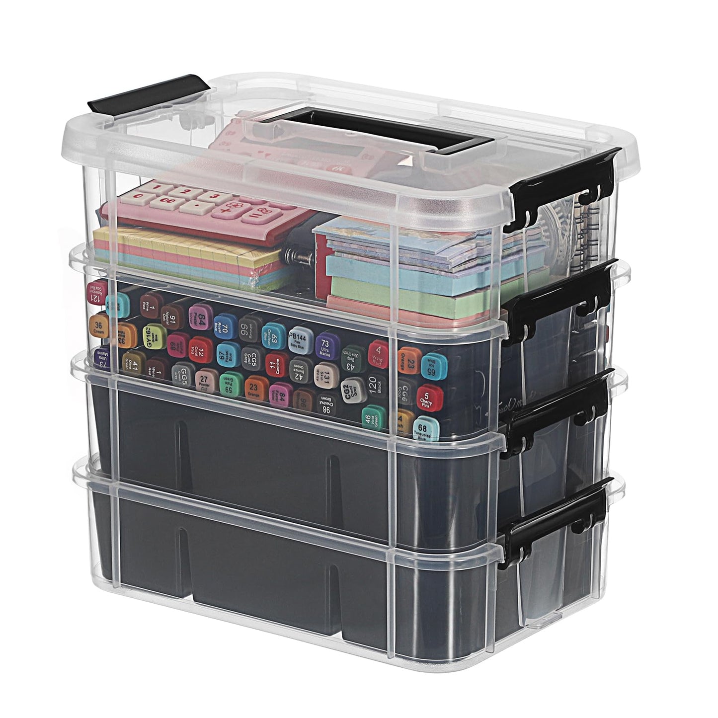 IGNPION Stackable Storage Box, 4 Layer Adjustable Plastic Storage Box with Carrying Handle Transparent Organizer Containers for Arts and Crafts Toys