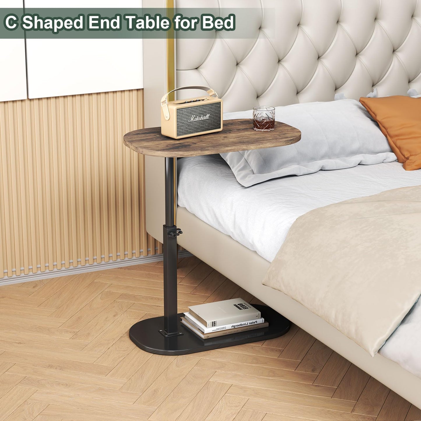 C Shaped Side Table Adjustable Height, 360°Swivel Sofa Side Table That Slide Under, Small Coffee End Table for Couch and Bedside