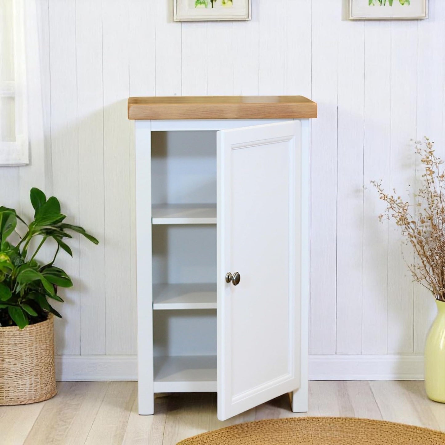 GROF GROFurniture Snow White Slim Cabinet, Bathroom Storage Cabinet, Oak Painted Kitchen Cupboard, Hallway Storage Unit, Storage Cupboard