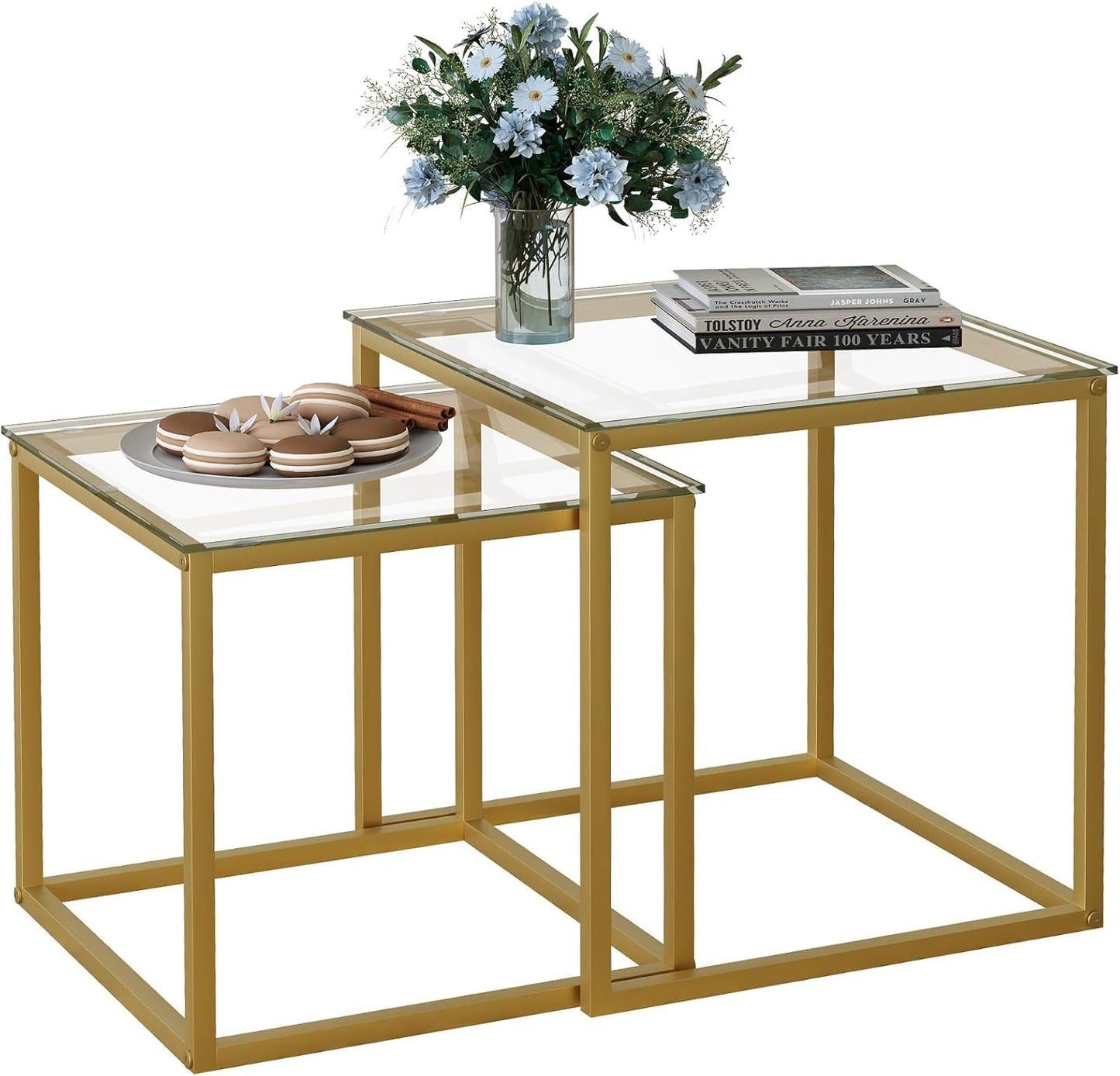 Huhote Nesting Tables, Set of 2 End Table, Coffee Tables, Glass Side Table