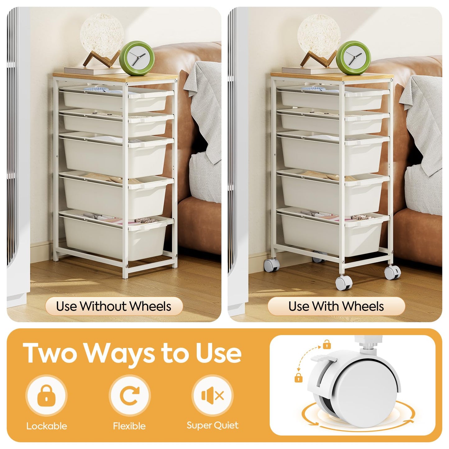 KINGBOARD 5 Drawers Storage Trolley on Wheels, White