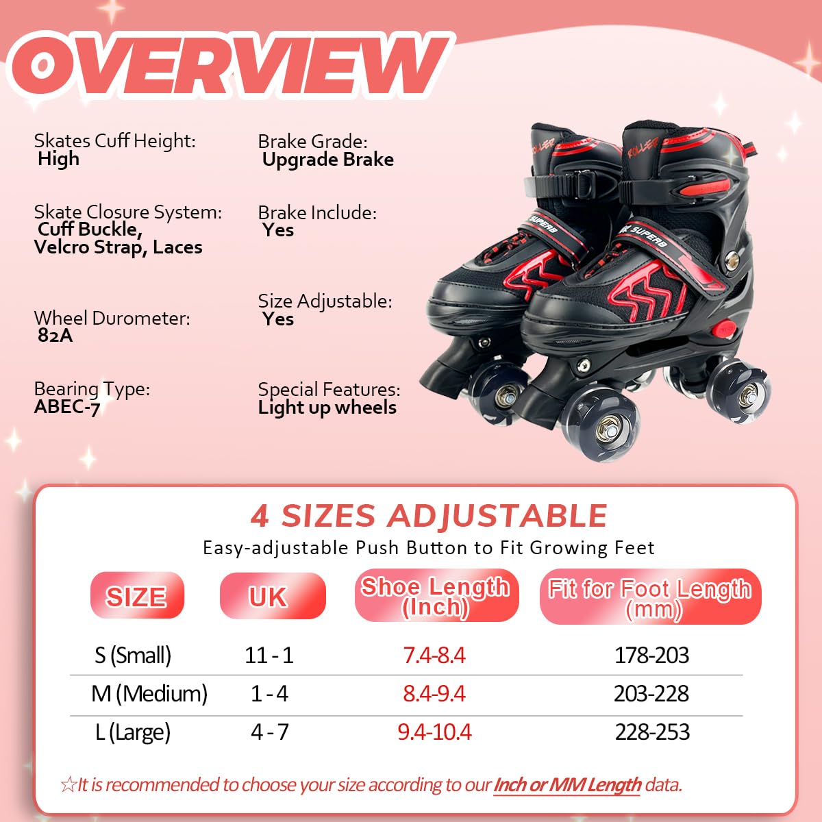 Kids Roller Skates for Boys Girls Children Beginners, 4 Sizes Adjustable Roller Skates for Child Toddler Ages 4-6-12 with 8 Light up Wheels