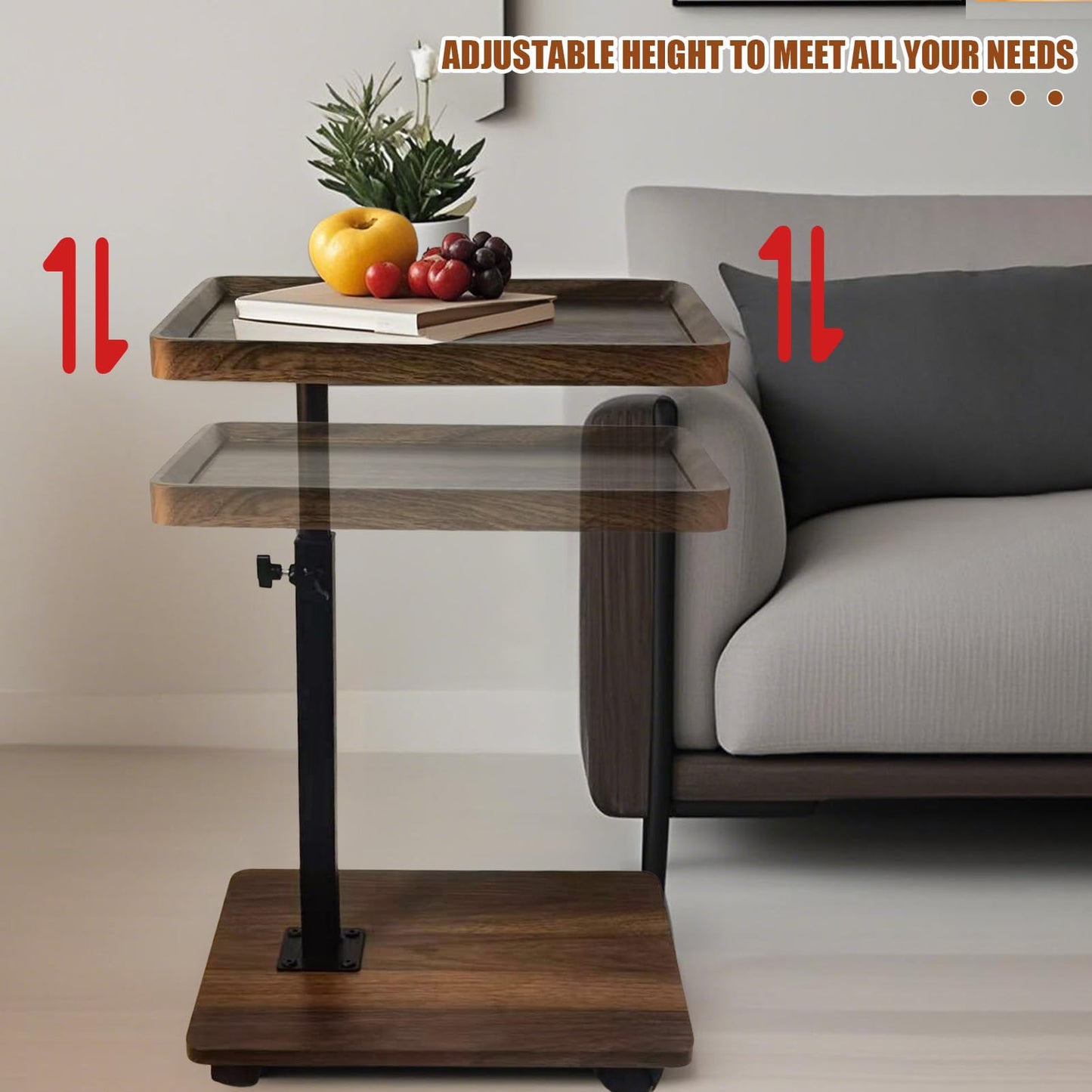 Adjustable Height C Shape Side Table,with 360 Degree Rotating Wheels ,Multifunctional Sofa Bed Side Table(Walnut Brown )