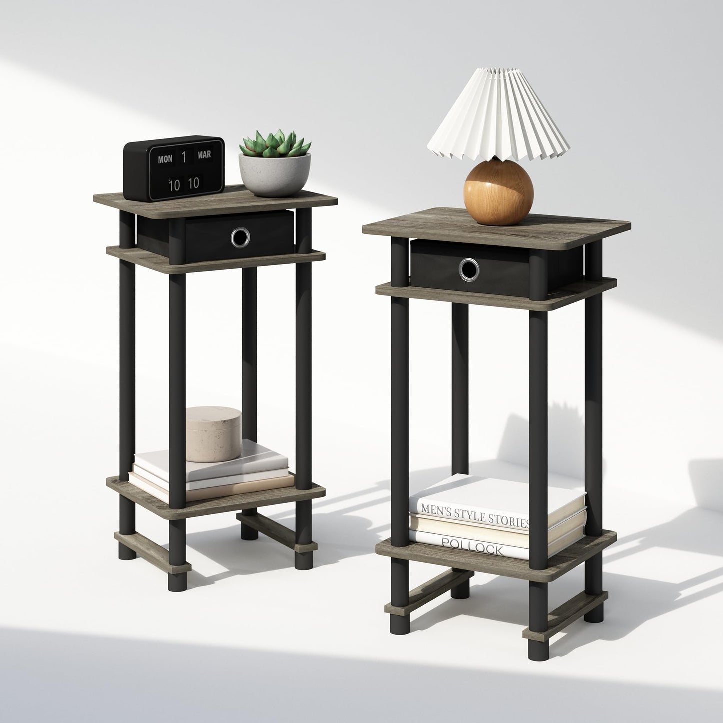 Furinno TURN-N-TUBE Night Stand Set of 2, 3-Tier Open Shelf Design Nightstand with Storage Bin, Tall Bedside Table, End Table, Side Table