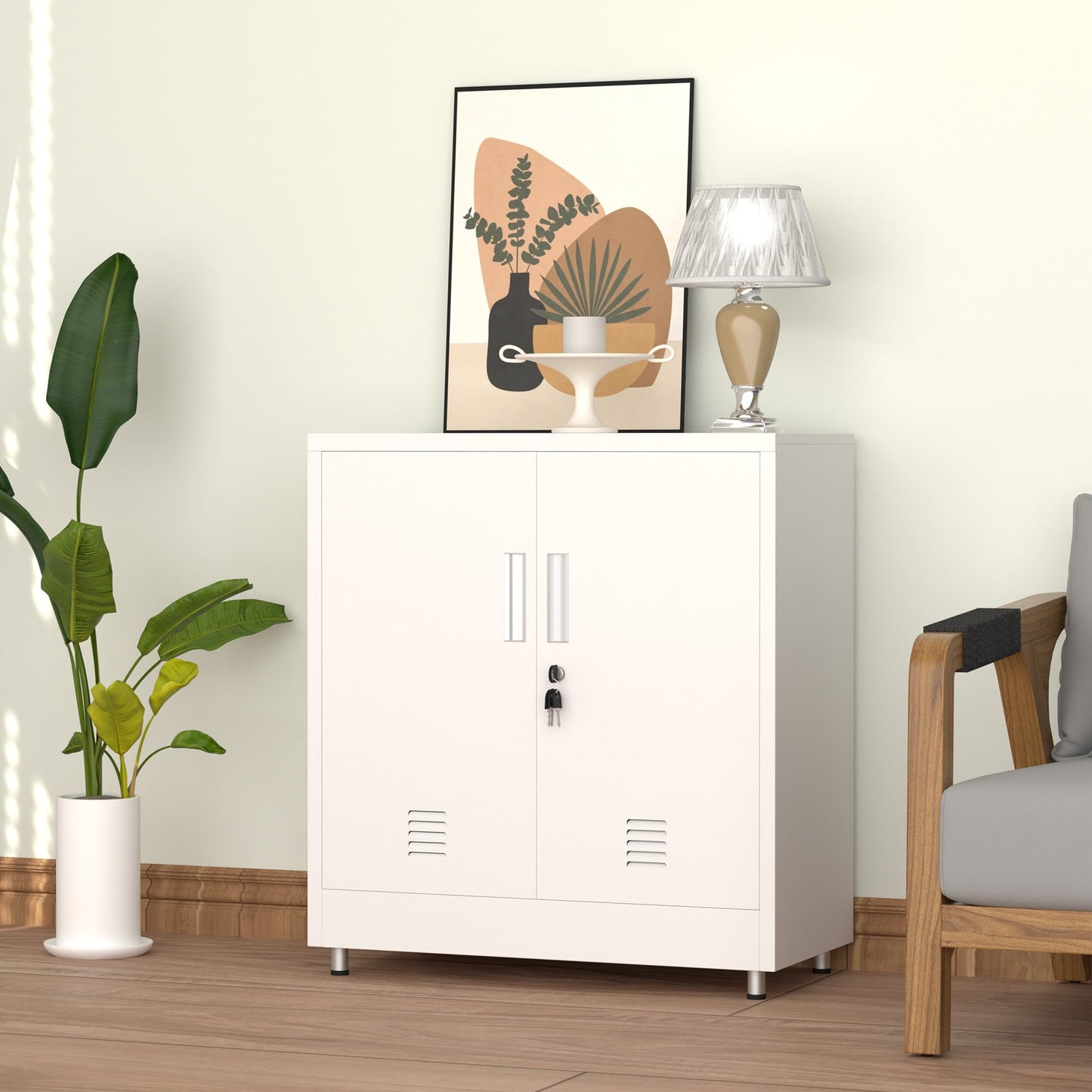 JINKUR Metal Storage Cabinet with Locking Doors and Adjustable Shelf, Small Lockable Sideboard Buffet Cabinet for Home, Office, Entryway, Hallway