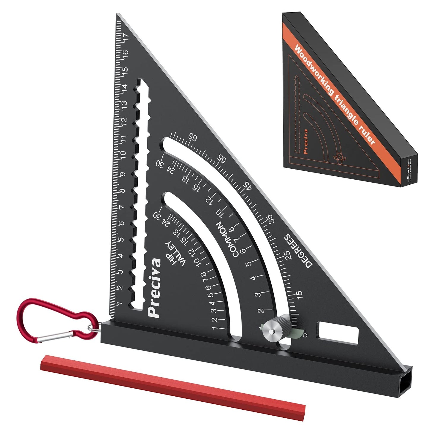 7" Speed Square, Preciva Roofing Square, Aluminum Alloy Carpenter Square Triangle Ruler Set, with Hook, Plumb Function, Multifunction Measuring Tools