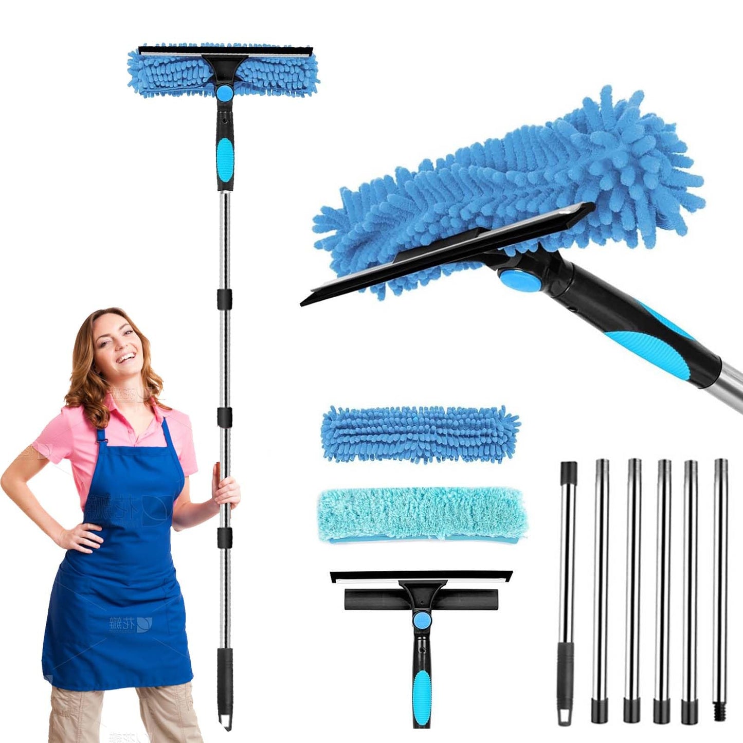 Window Squeegee Cleaning Equipment, 2 in 1 Window Cleaning Kit with 6 Extension Pole, 250cm Extendable Window Cleaner Tool with Spare Microfiber Cloth