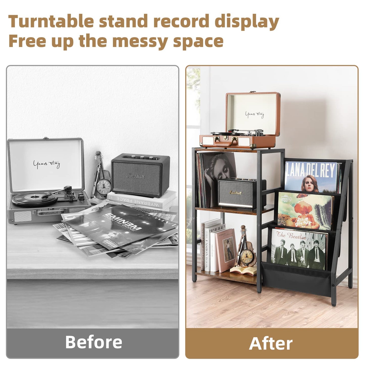 Bikoney Record Player Stand, End Table with 3-Tier Vinyl Record Storage, Record Player Table Up to 200 Albums, Turntable Stand for Vinyl Records,