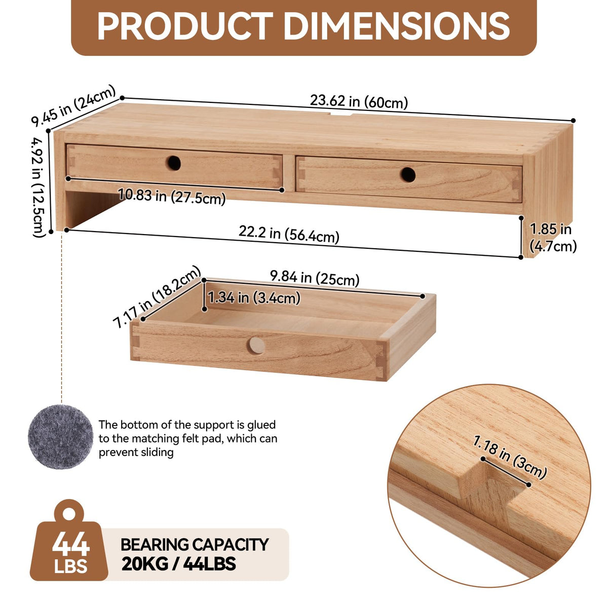KIRIGEN Wood Monitor Stand with 2 Drawers Computer Arm Riser Desk Storage Organizer, TV Laptop Printer Stand,2-Tier Desktop Shelf Natural