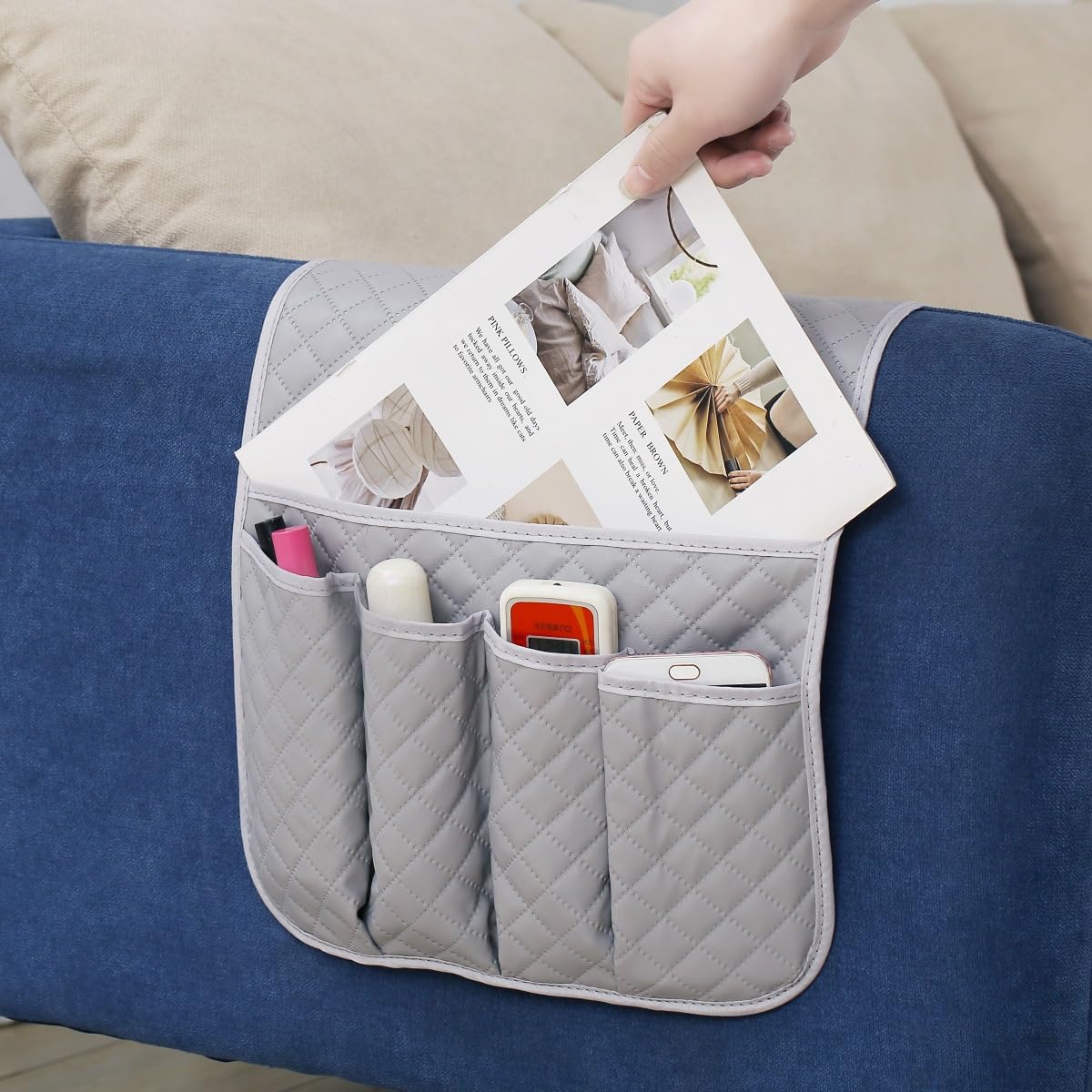 Hosoncovy PU Leather Sofa Armrest Organizer Couch Arm Storage Bag Sofa Arm Couch Caddy Anti-Spill Armrest Remote Control and Cellphone Organizer