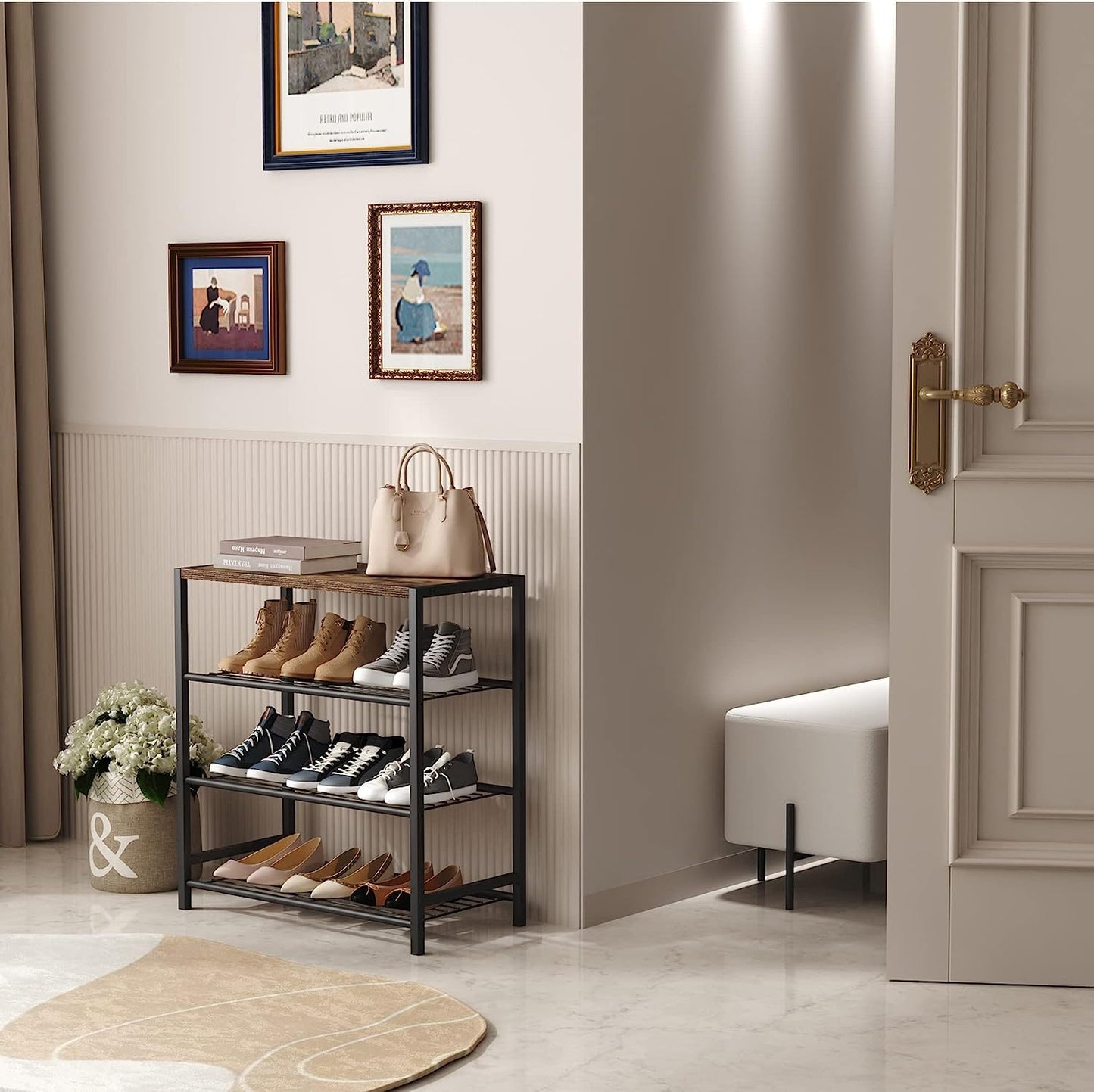 HOME BI 4-Tier Industrial Shoe Rack,Metal Shoe Storage Organizer Shelves with Stable Metal Frame, Shoe Organizer for Closet, Hallway, Entryway, Living