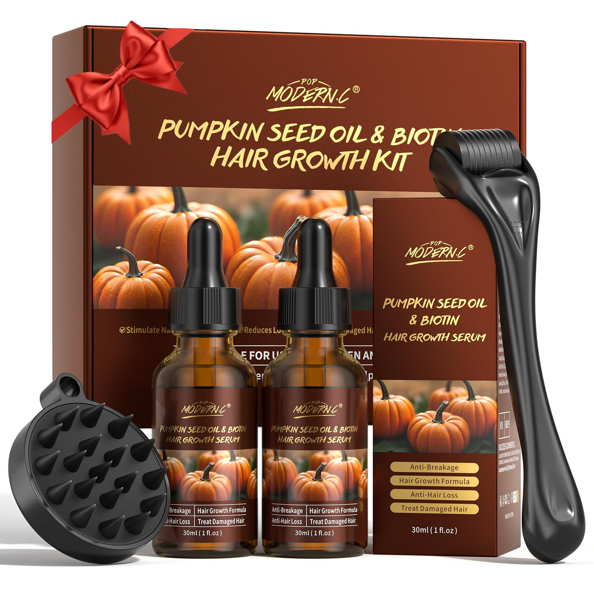 Pumpkin Seed Oil & Biotin Hair Growth Serum, Hair Growth Kit with Derma Roller & Scalp Massager Hair Thickening Products Reduces Hair Loss Hair Fall