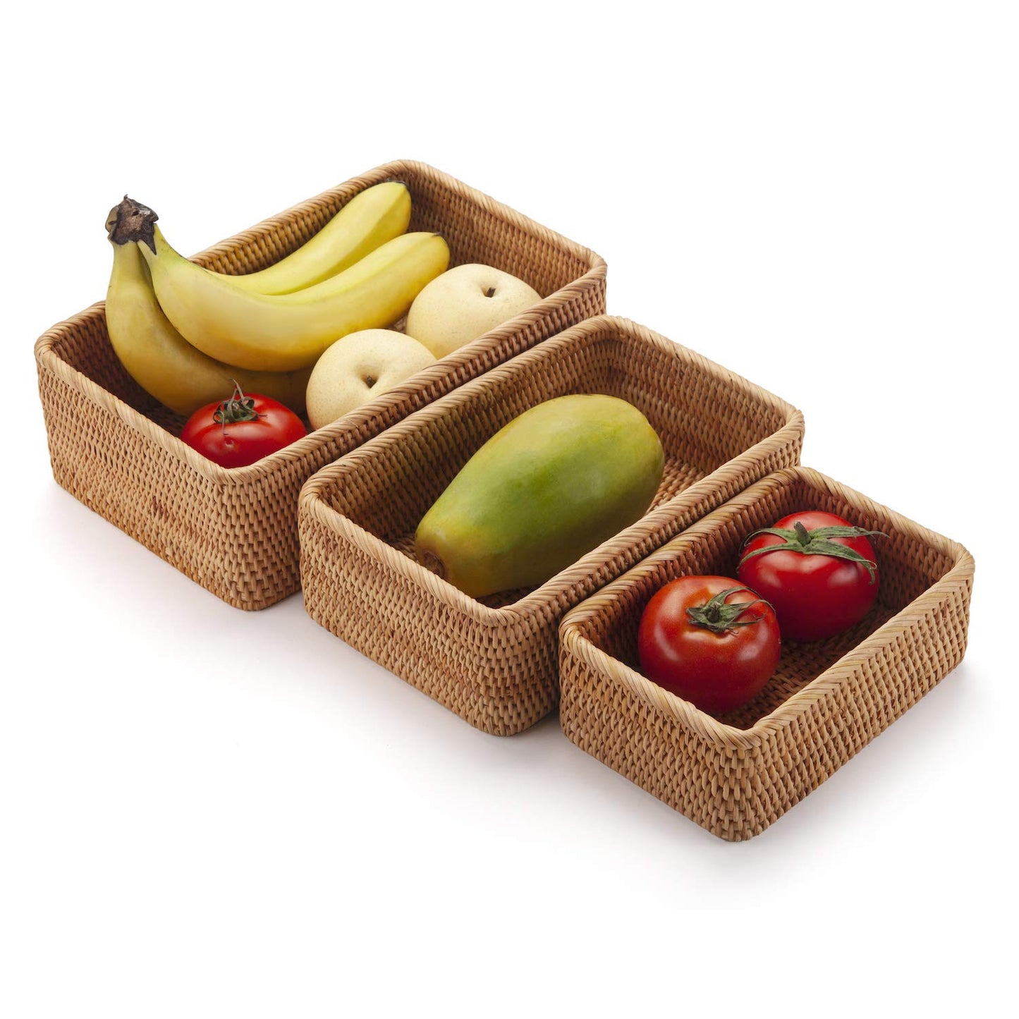 Rectangular Rattan Storage Baskets Stackable Woven Wicker Box Key Holder for Kitchen Cupboards Shelf Natural Set of 3