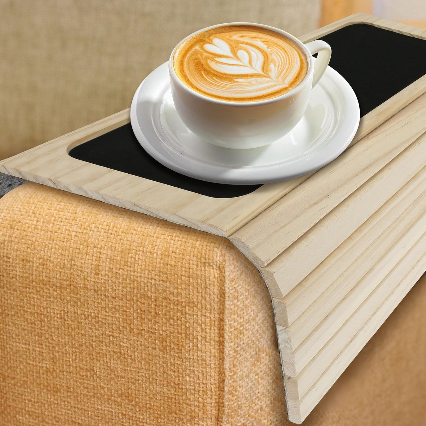 Foldable Sofa Arm Tray - Natural Pine Wood Couch Armrest Table with Non-Slip Fabric Backing Flexible Sofa Armrest Organiser Tray for Drinks, Snacks