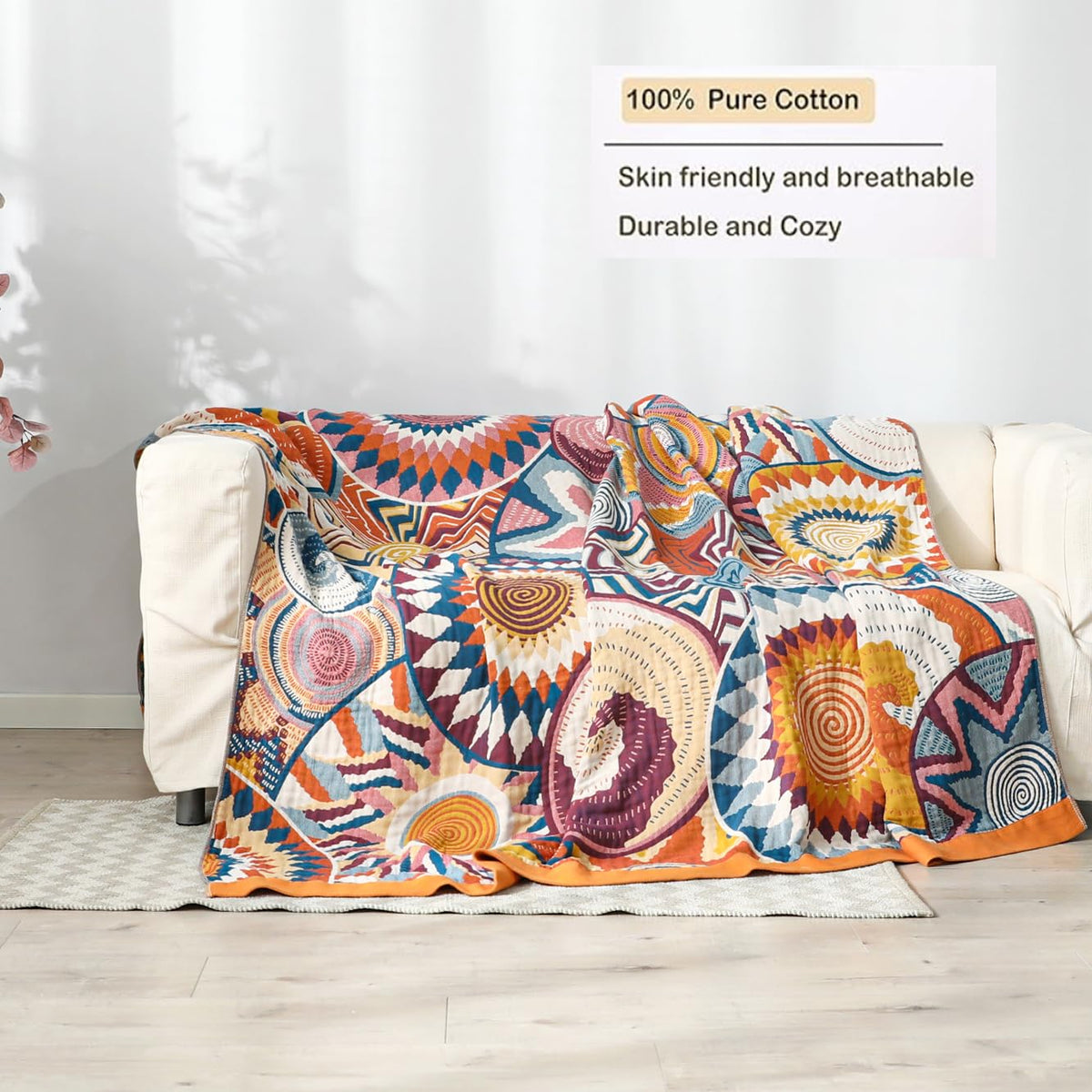 VANJOROY Double-sided Bohemian Sofa Large Throw Blanket for 2 or 3 Seater Settees, 100% Pure Organic Cotton Boho Throw for Armchair, Sofa and Bed