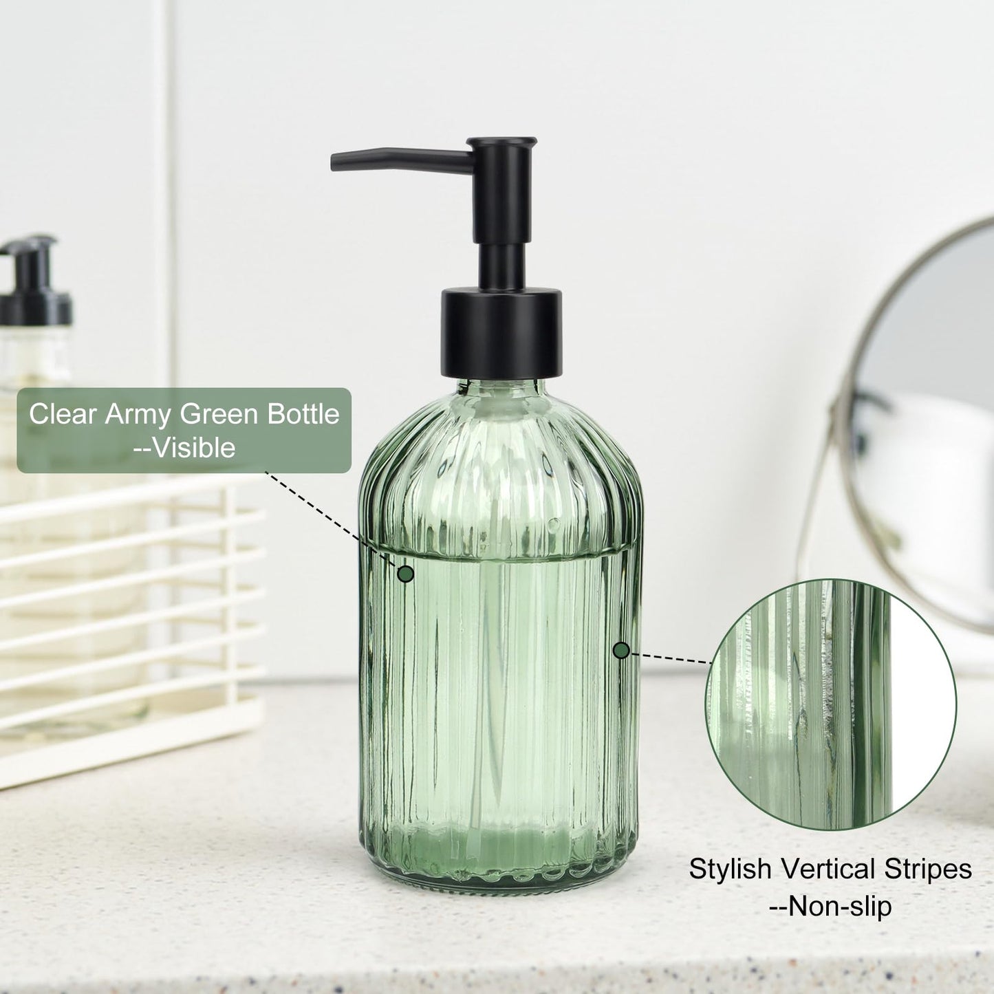 Topsky Glass Soap Dispenser with Black Plastic Pump, 400ml Army Green