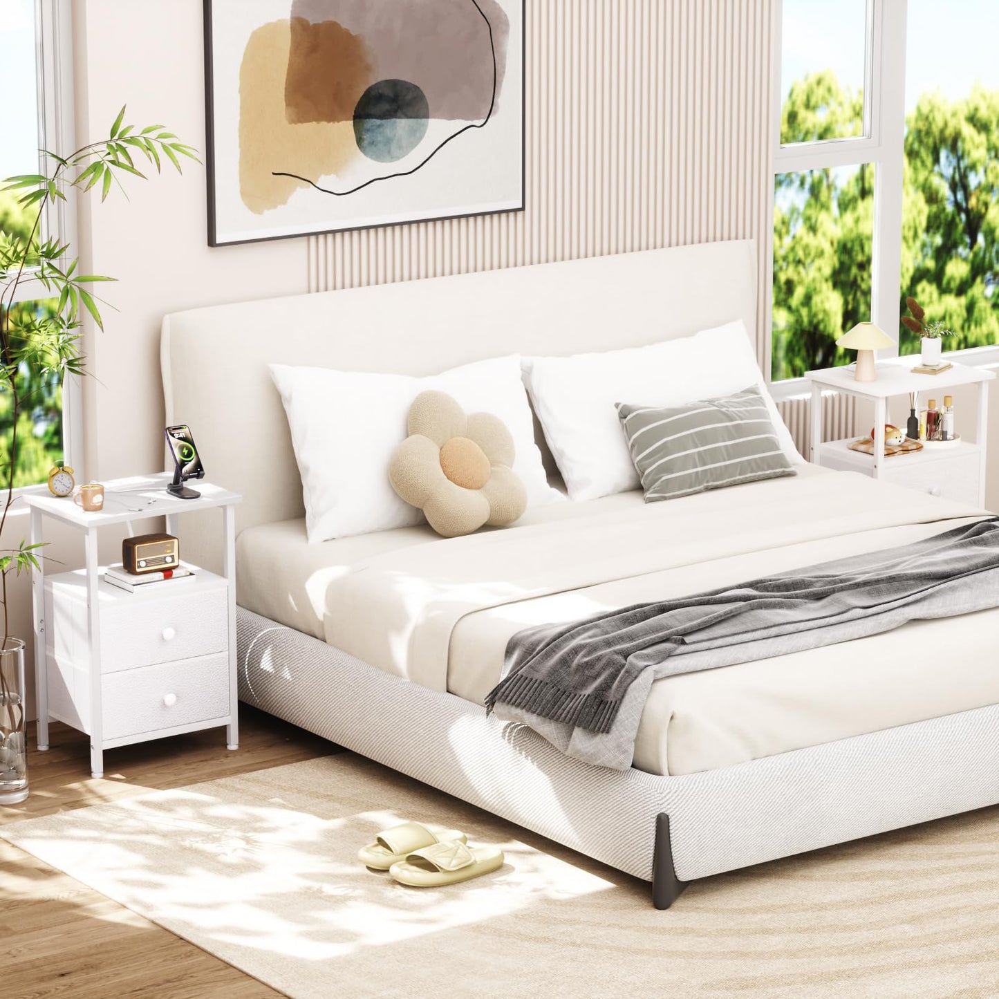 LOAKEKEL Bedside Table with Charging Station (Power, White, 2 Drawers)
