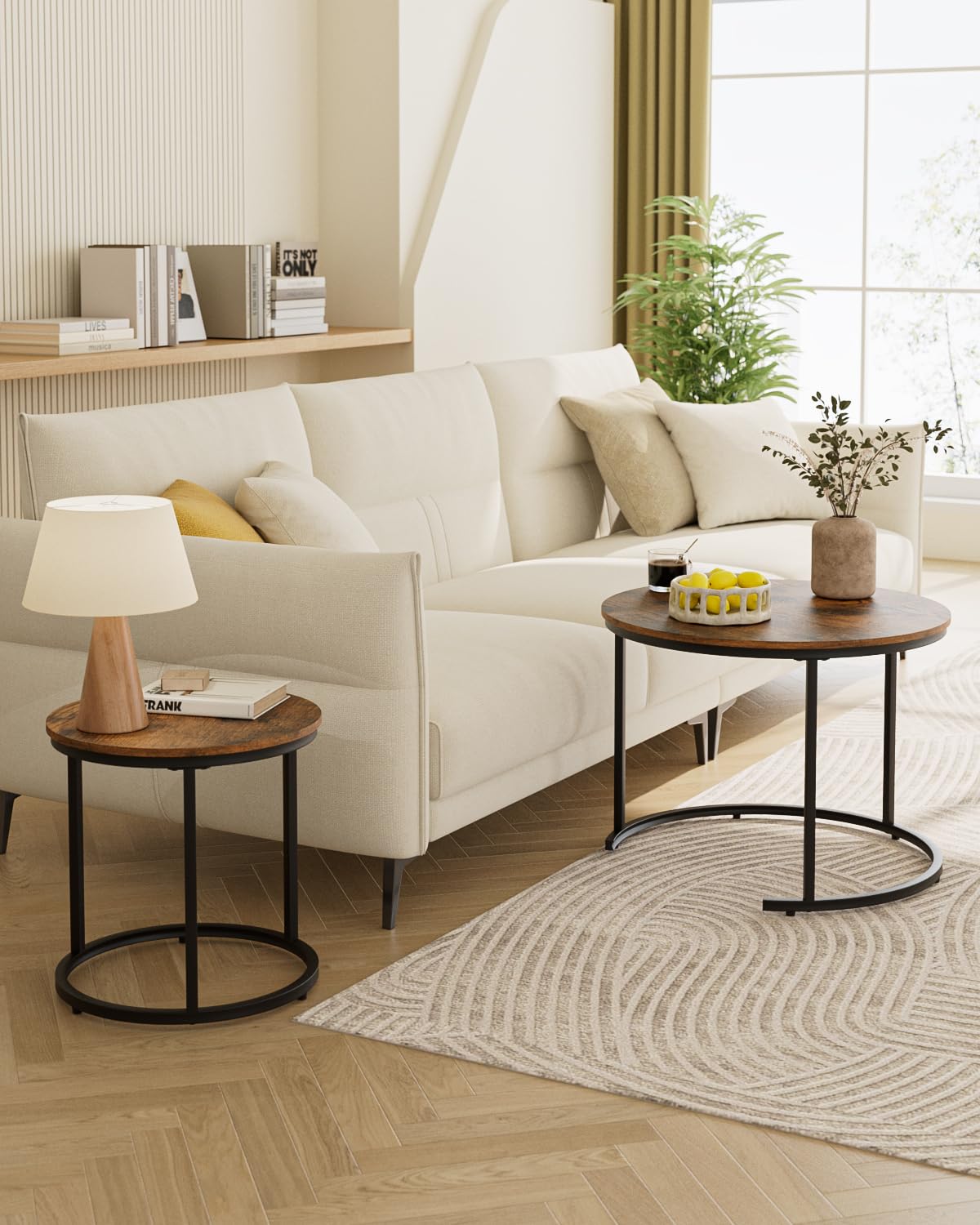 HEYZOEY Round Coffee Tables, Removable Set of 2 End Table, Nesting Tables with Black Metal Frame Legs and Marble Black Top for Living Room, Bedroom
