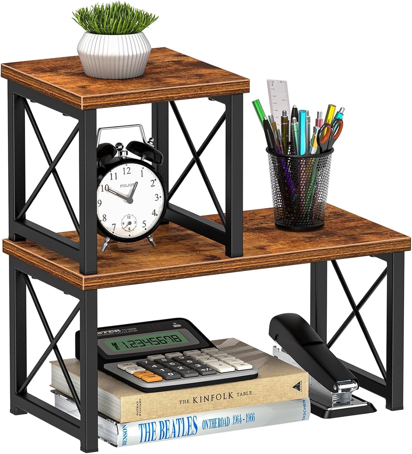 DoToGo Desk Shelf Organizer, Freestanding Small Desktop Bookshelf, 2 Tier Independent Stackable Desk Display Rack, Desk Organizer Shelf for Office