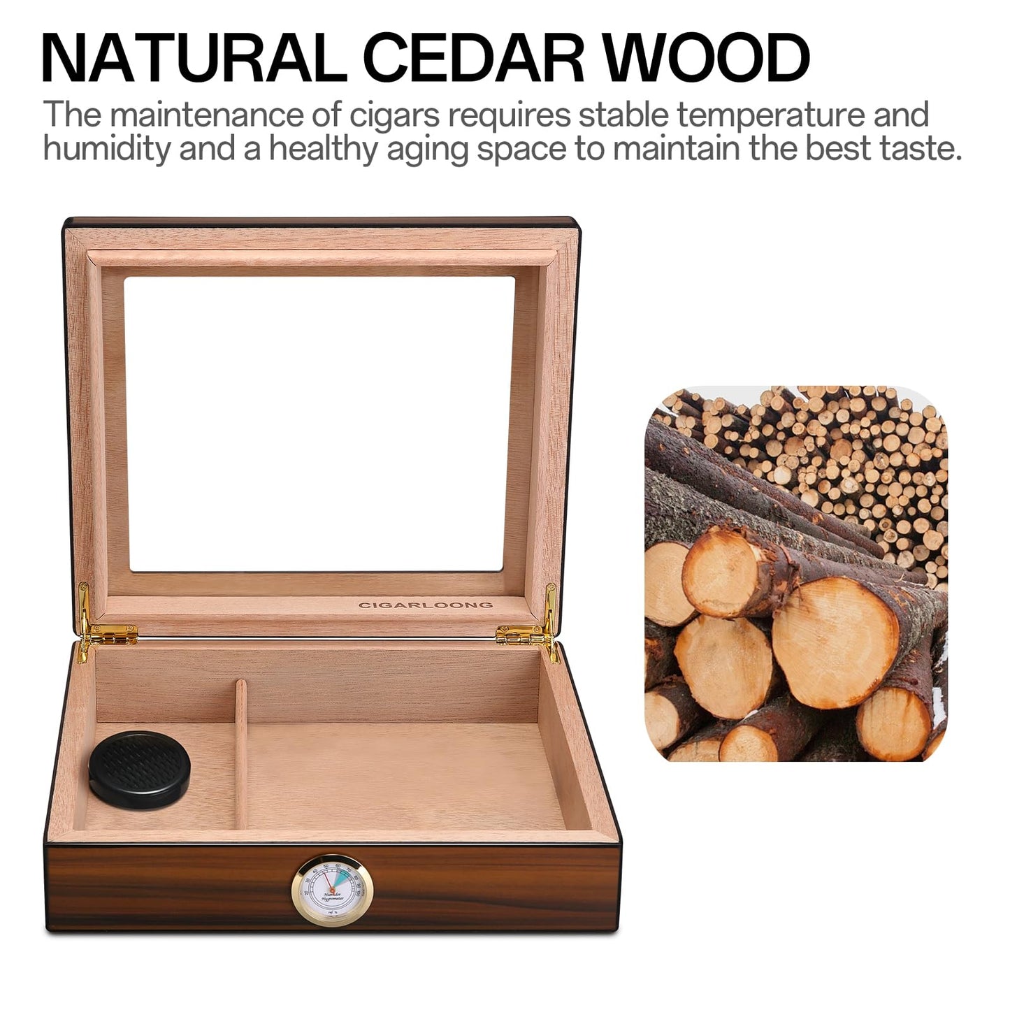 CIGARLOONG Cigar Humidor Brown 20-25 Desktop Cedar Wood Lined Cigar Storage Box with Hygrometer and Humidifier