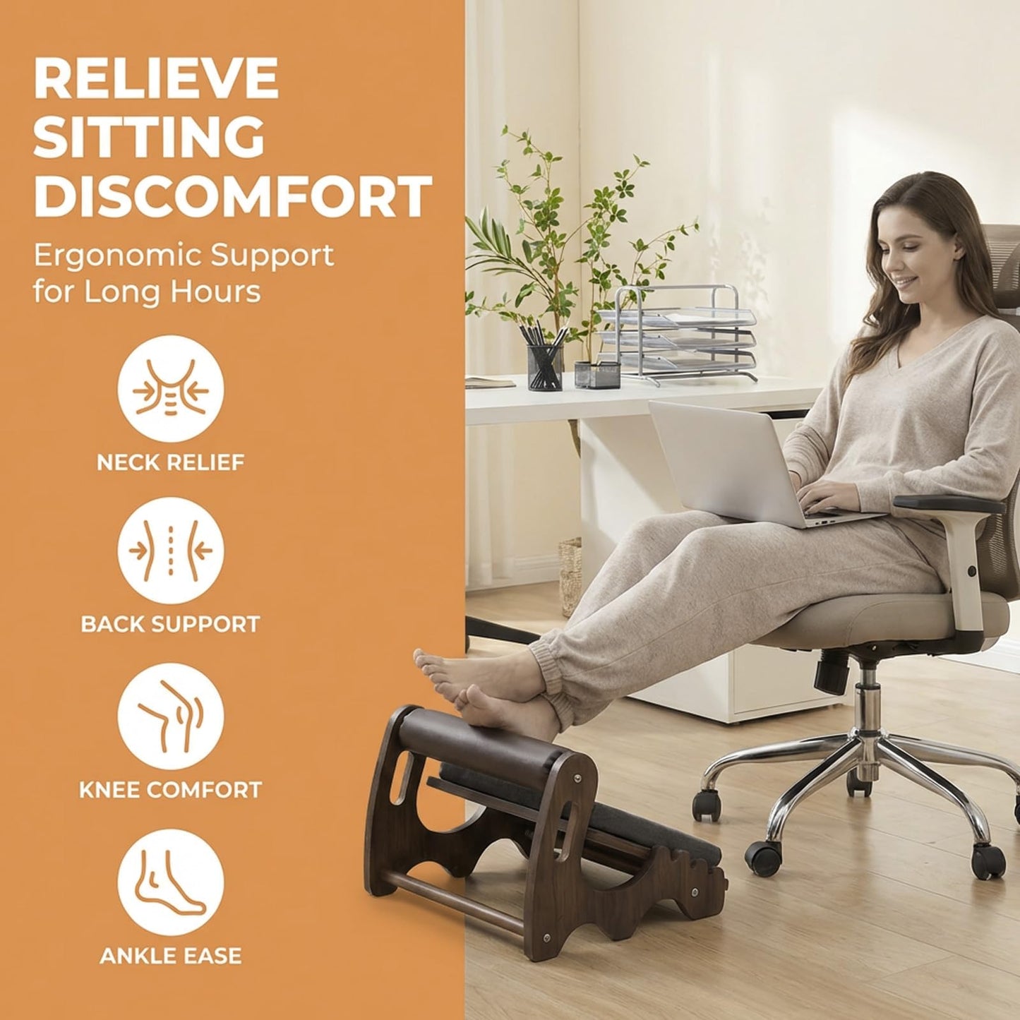 Adjustable Wooden Foot Rest Under Desk,3 Height Settings