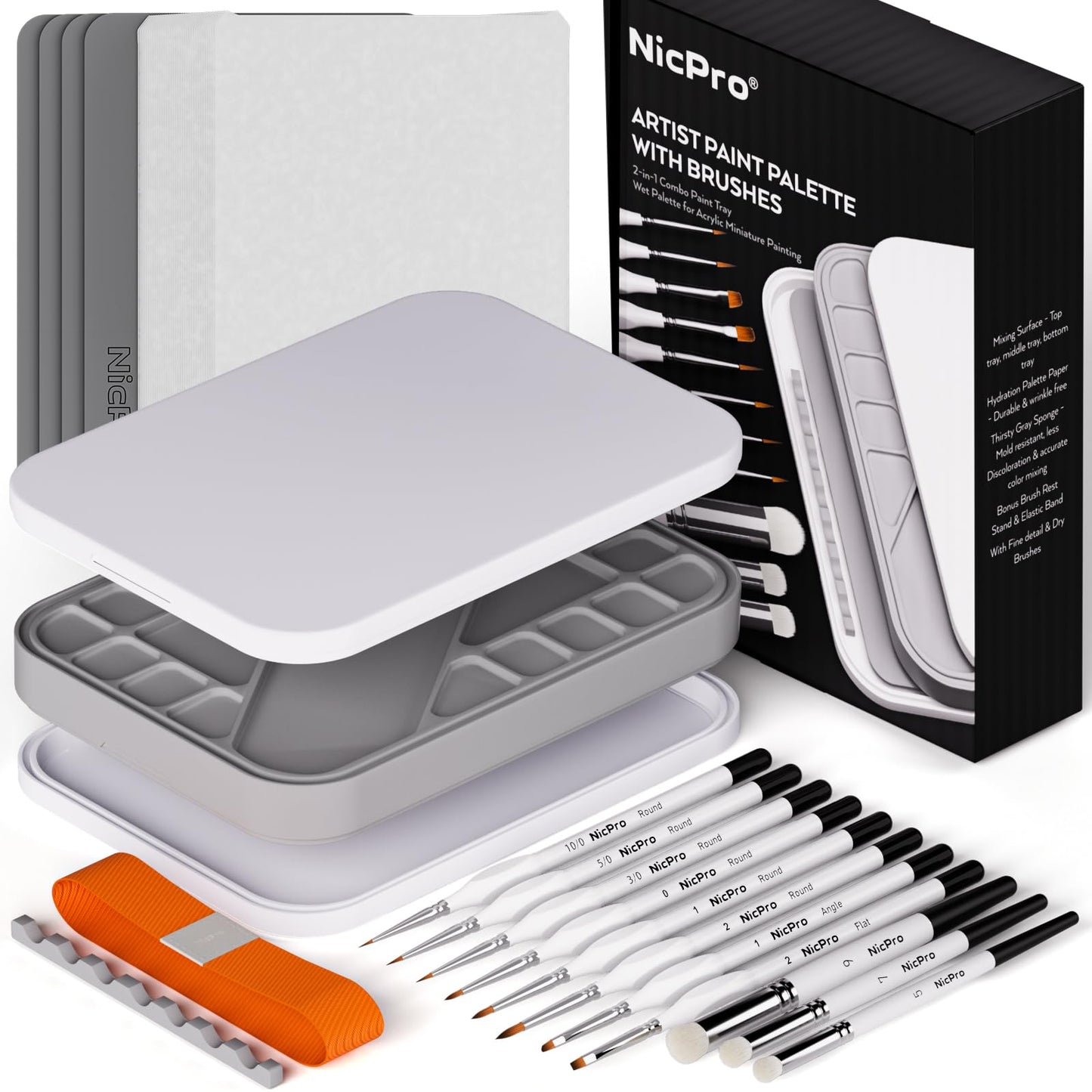 Nicpro Miniature Painting Kit with Wet Palette, 11PCS Detail Paint Brushes Drybrush, 100PCS Wet Pallet Paper, 4PCS Sponge, Brush Holder Mixing Paint