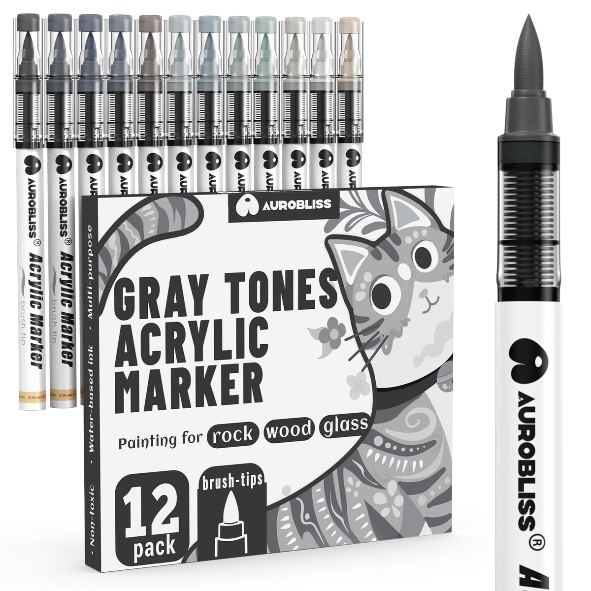 Aurobliss Dark & Light Grey Marker Pen Permanent, 12pcs Gray Tones Acrylic Paint Pens for Rock Painting, Glass, Wood, Metal, Canvas Deco Acrylic Pen
