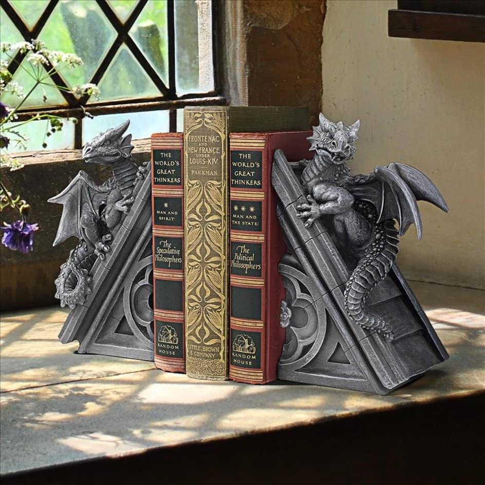 Design Toscano CL55773 Castle Dragon Gothic Decor Decorative Bookend Statues, 20.25 cm, Set of Two , Polyresin, Grey Stone