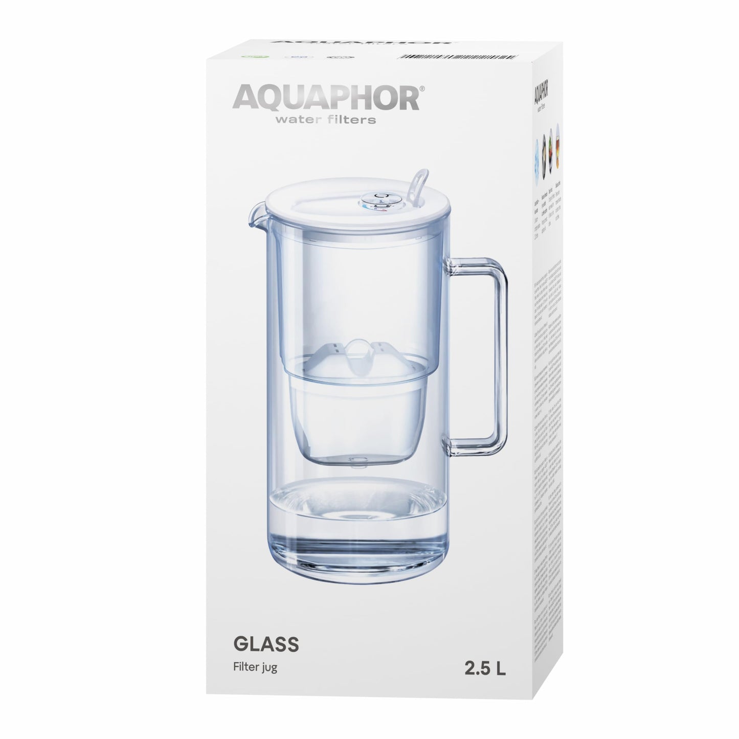 AQUAPHOR Glass White Water Filter Jug - Take to Table Premium Glass Design Jug with Easy-Fill Flip-Open Lid, 2.5L Capacity, 1 X MAXFOR+ Filter