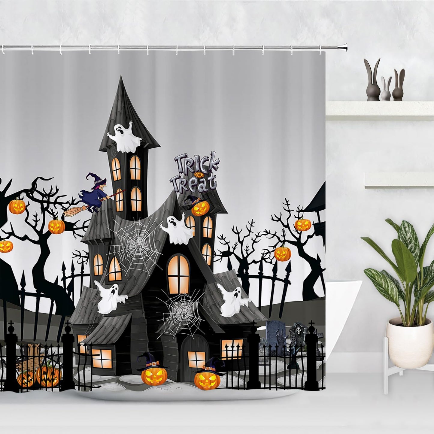 Abaysto Halloween Shower Curtain for Bathroom, Thriller House Spider Web Pumpkin Bath Room Curtain