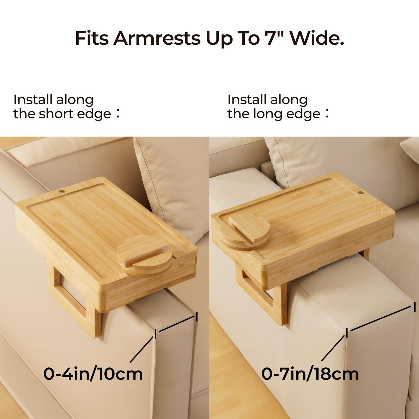 Wealone Mini Couch Arm Table for Narrow Armrest, Bamboo Sofa Arm Tray with Storage Box, Rotating Tabletop and Phone Stand