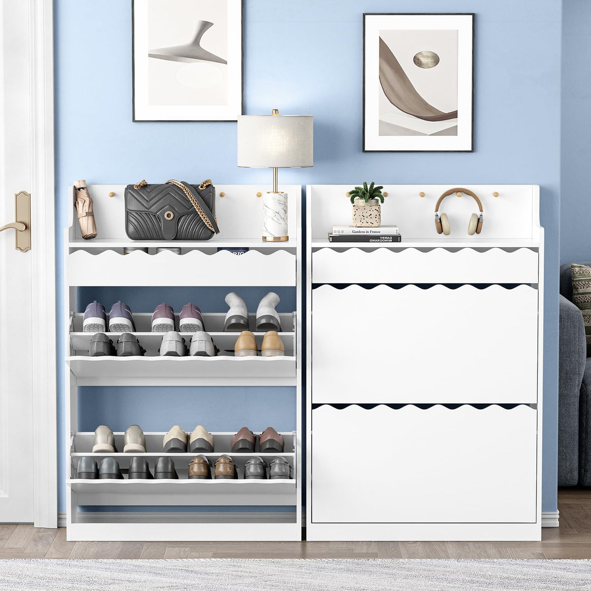 Skokliz Shoe Cabinet with Drawer, Wooden Shoe Storage Unit with 2 Pull-Down Drawers