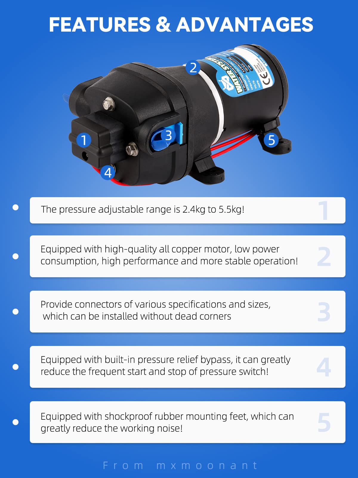 Mxmoonant 12V DC Automatic Water Pump, Booster Pump, 35 Psi, 2.4 Bar, 95W, 12.5 Lpm/min, Self Priming, Overload Protection, Low Noise, for Caravan,