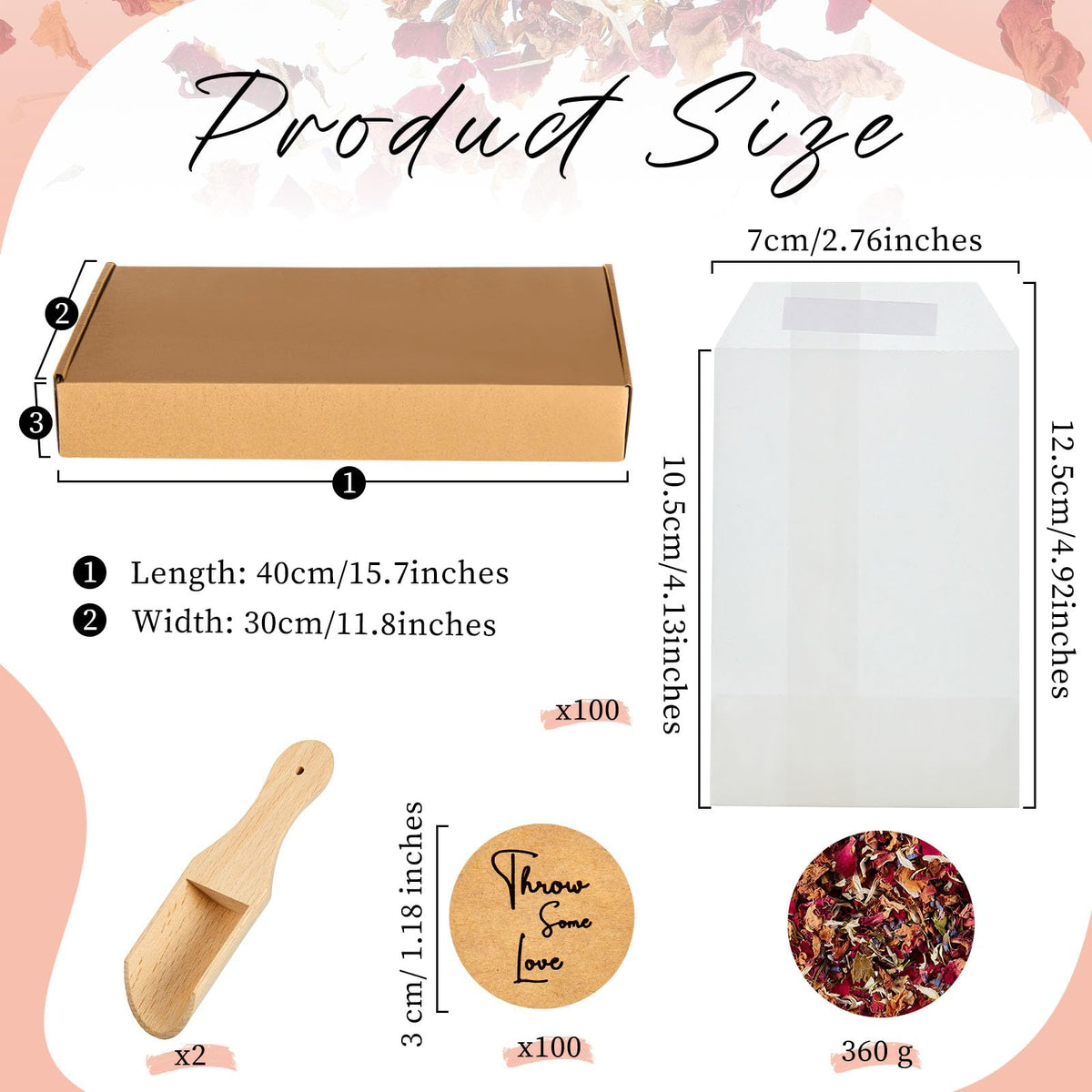 Tenare 100 Sets Wedding Confetti Bags Kit with Display Box for 100 Guests, Includes Glassine Confetti Bags Natural Dried Rose Petals and Stickers