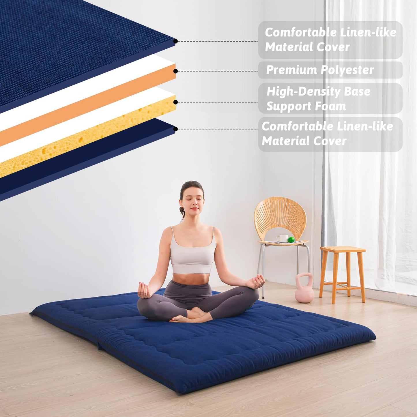 MAXYOYO Portable Foldable Futon Mattress, Hypoallergenic Fabric and Thick Foam Mattress Pad with Handle and Zipper for Outdoor Indoor Camping Guest