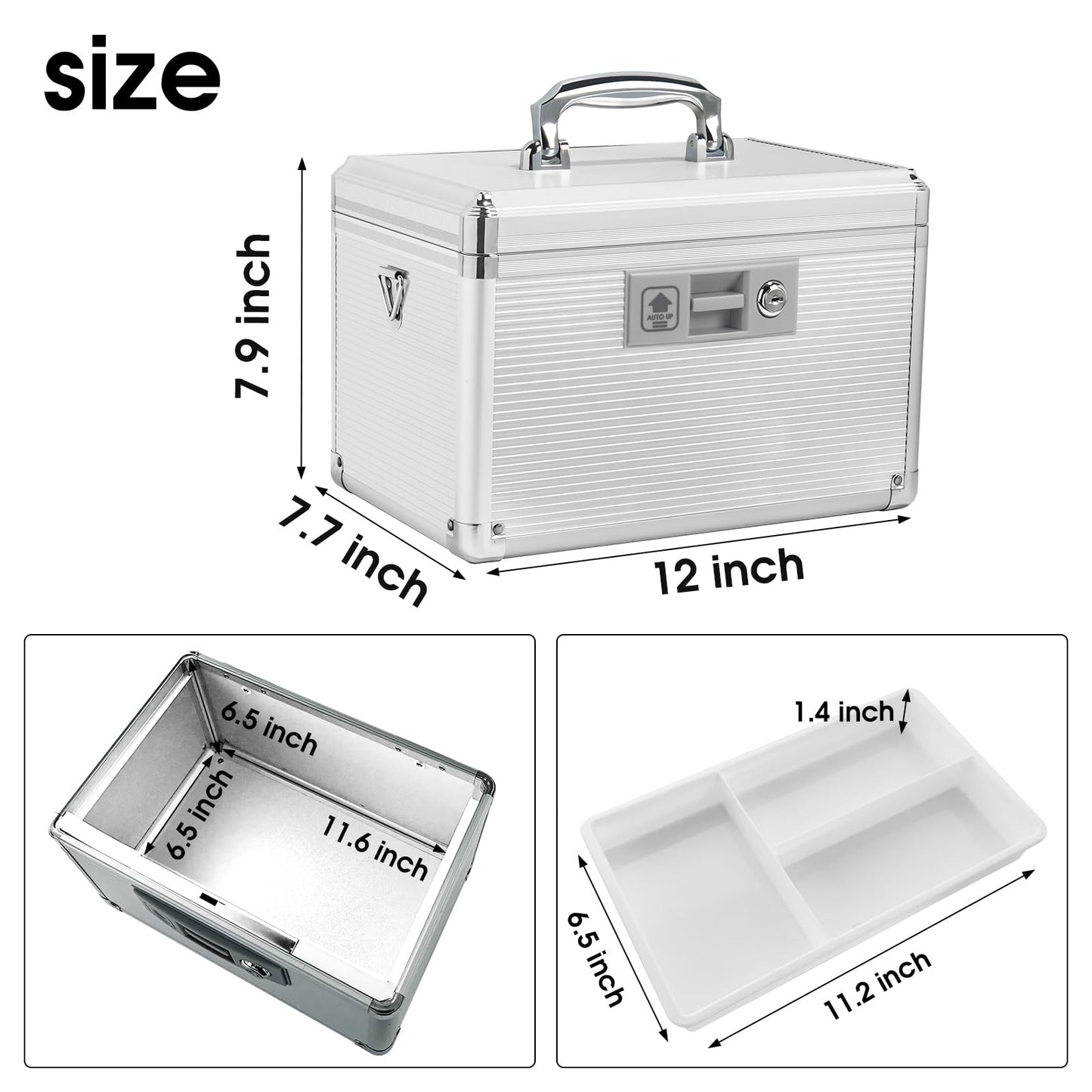 ZORVIDSON Medicine Lock Box with Key, Portable Medication Lock Box with Removeable Tray, Medicine Storage Box for Home (Silver, Medium)